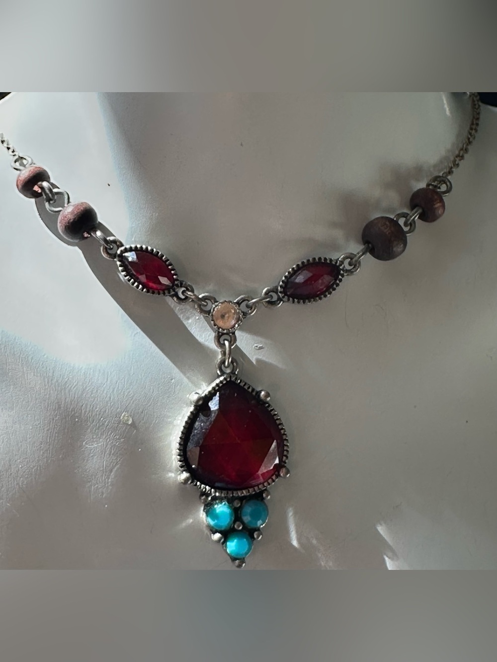 AVON Vintage By NRT Silver-Tone Red Teardrop & Turquoise Accent Necklace